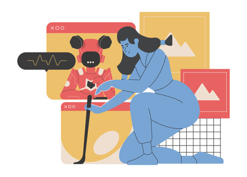 A woman is engaged in a creative process with an AI assistant. The AI, depicted on a screen, interacts with her as she works on a project involving images and design elements. Vector illustration.