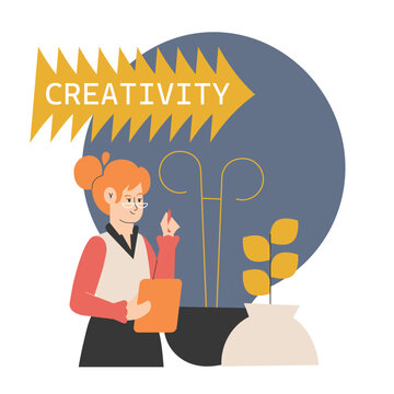 A woman holding a clipboard stands next to a large arrow labeled "Creativity," symbolizing the generation of ideas. Surrounding her are various creative elements, including a lightbulb. Vector.