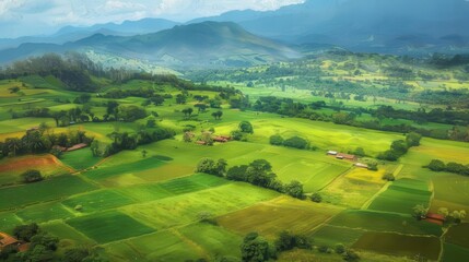 Fototapeta premium south american rural landscape with lush green fields idyllic countryside aerial view digital painting
