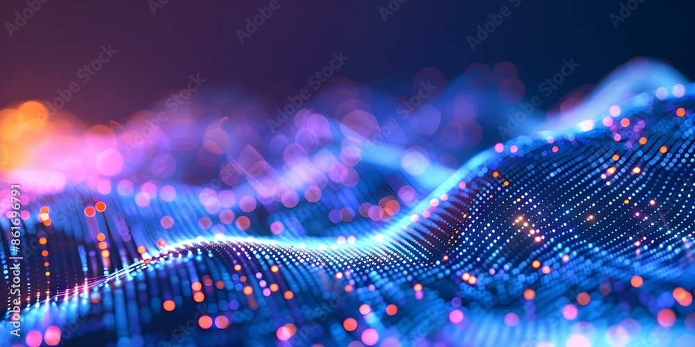 Poster flow of data represented by pulsating neon lights in abstract technology background. concept technol
