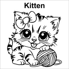  Kawaii kitten black and white outline for coloring. cute coloring book animals. cute cat kitten colouring page for kids illustration vector EPS 