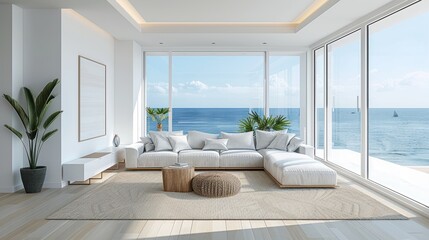 Fototapeta premium A stylish coastal living room with minimalist furnishings and a clean, uncluttered layout, evoking a sense of calm and relaxation. The image provides ample copy space for adding text or graphics.