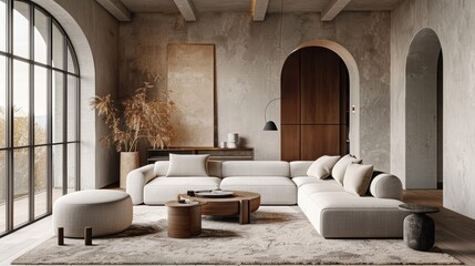 An elegant living room designed in a contemporary style, featuring minimalist furniture and a subdued color palette. The space is well-lit and uncluttered, with plenty of room for customization and