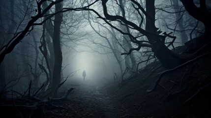 person mist forest spooky evening.