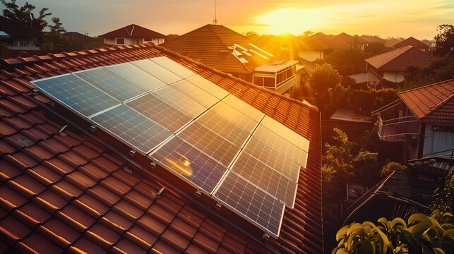 Pannelli solari su un tetto al tramonto, rappresentando la sostenibilità e l'energia rinnovabile nelle aree urbane.