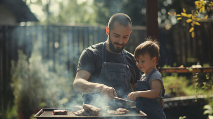An arrangement of a father and child grilling together in the backyard, showcasing a fun and bonding activity, grilling together, hd, with copy space, inscription Father's Day