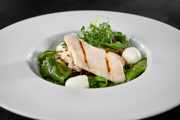 Fresh Chicken Fillet and Mozzarella Salad on a White Plate in Fine Dining Setting
