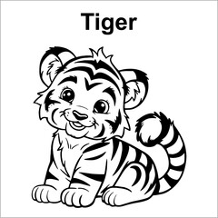 Kawaii tiger black and white outline for coloring. cute coloring book animals. cute tiger colouring page for kids illustration vector EPS