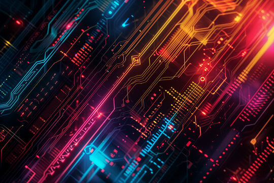 Abstract background inspired by circuitry and technology connecting to cloud Incorporating neon lights, circuit lines and futuristic elements to create a dynamic and electrifying energetic wallpaper