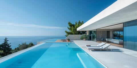 Obraz premium Swimming pool at a modern minimalist villa with an angular design in summer against the backdrop of the sea