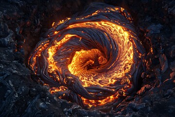 A vortex of glowing lava flowing from a volcanic eruption