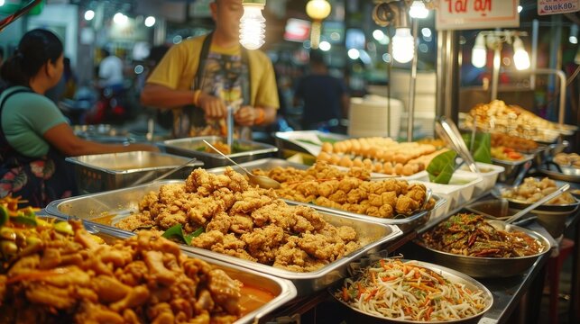 Vibrant Thai Street Food Market with Delicious Fried Chicken Stalls