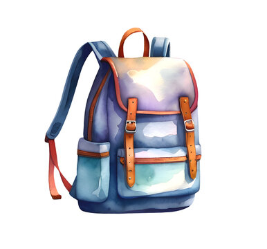 recommend clip art: cute purple backpack in watercolor style. illustration of blue Rucksack isolated on transparent background. bag for going to school or traveling. One single object, standing, closed, front view