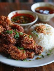 Fototapeta premium Crispy Filipino-Style Fried Chicken with Garlic Rice and Dipping Sauce Delight