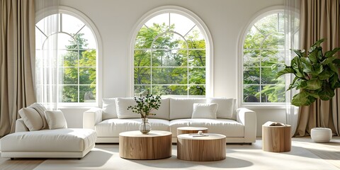 Fototapeta premium Spacious Living Room Featuring Cream Sofa, Arched Window, and Two Coffee Tables. Concept Living Room Decor, Cream Sofa, Arched Window, Coffee Tables, Spacious Interiors