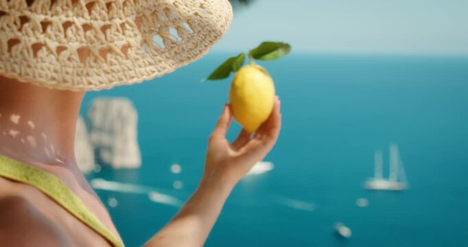 Woman holds a lemon with leaves in front of the blue sea and boats with Faraglioni rock formations in Capri Island during a summer trip to Italy.