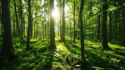 Fototapeta premium sunlight filtering through towering green trees in mystical forest serene nature landscape
