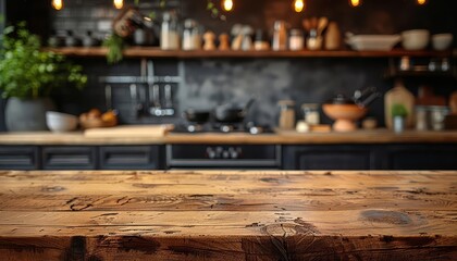 Wooden kitchen countertop in a cozy, rustic kitchen with blurred background elements and warm lighting.