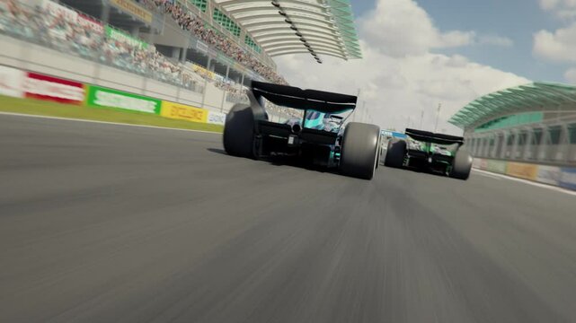 Dynamic high speed drone shot passing generic formula one race cars racing along the homestretch over the finish line. High quality 3d animation