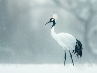 Red-Crowned Crane in Snowy Winter Landscape