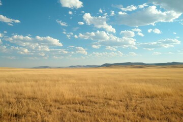 Obraz premium Golden grass covering a vast prairie landscape under a bright blue sky with white clouds
