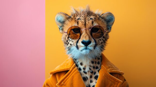 Image of stylish Cheetah in trendy sunglasses and outfit looking at camera against two colored background, Copyspace