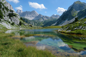 Naklejka premium Pristine alpine lake is reflecting the blue sky and the rocky peaks of the surrounding mountains on a beautiful summer day