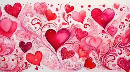 Hearts Pattern Illustration, Valentine's Day Red and Pink Watercolor Painting, Graphic Resource Background