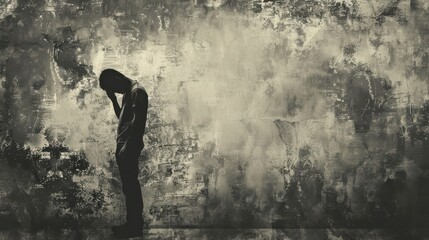 Obraz premium A man is standing in a dark room with a sad expression on his face. The room is covered in graffiti and the walls are dirty. Scene is somber and melancholic