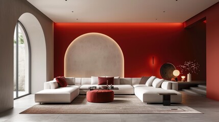 A sleek and modern living room with a red accent wall, designed in a minimalist style with clean lines and uncluttered spaces. The image offers plenty of copy space and conveys a sense of