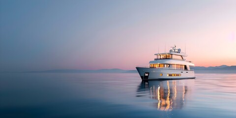 Naklejka premium Yacht at dusk with cabin lights on serene ocean backdrop. Concept Yacht Photography, Dusk Lighting, Serene Ocean Backdrop, Cabin Lights, Tranquil Atmosphere