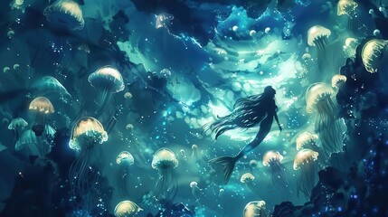 Fototapeta premium surreal underwater scene with a mermaid swimming among bioluminescent jellyfish digital painting