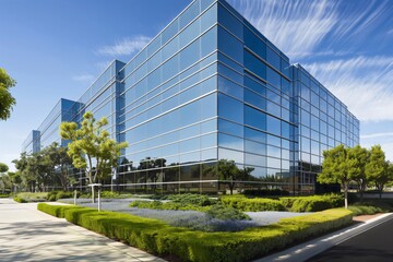 Modern glass office building exterior with a blue sky and landscaping, reflecting the surrounding trees and environment