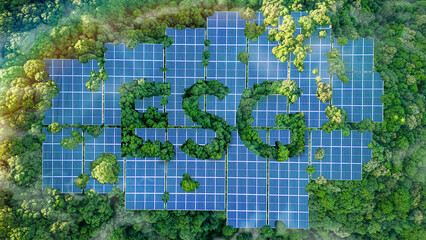 Fototapeta premium ESG concept for environmental, social, and governance sustainable business. the word ESG is on a solar panel installed in a lush forest. Sustainable organizational development.