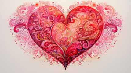 Paisley Style Heart illustraiton, Valentine's Day Red and Pink Watercolor Painting, Graphic Resource Background