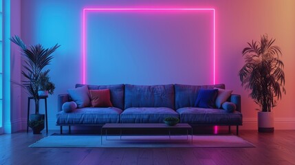 A modern living room with a neon light fixture, providing a minimalistic and stylish look. The image features plenty of copy space for adding text or graphics, making it ideal for various design
