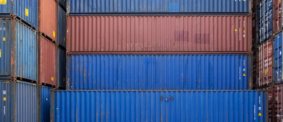 Background of container box stack for freight cargo shipping. Logistics import export business at factory warehouse.