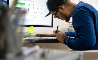 Candid shot of Asian graphic designer inspecting logo designs, using computers, designing logos, and showcasing the corporate identity and logo design process.