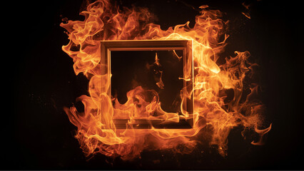 Captivating image of a wooden photo frame engulfed in flames.  ai generated