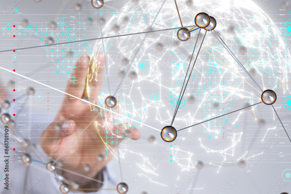 Poster Neural network 3D illustration. Big data and cybersecurity
