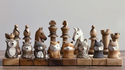 Adorable animal-themed chess set featuring wooden pieces of various cute animal figurines against a minimalist background.