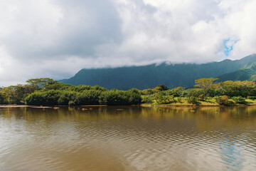 A picturesque scene of a lake with trees and mountains under cloudy skies