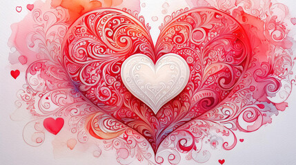 Paisley Style Heart illustraiton, Valentine's Day Red and Pink Watercolor Painting, Graphic Resource Background