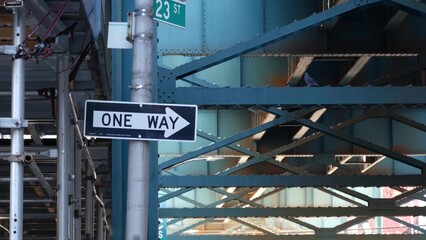 New York elevated subway, metropolitan bridge, metro track above street. Railway transport over...