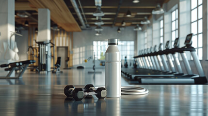 Close-up of water bottles on the gym floor