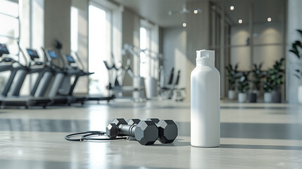 Close-up of water bottles on the gym floor