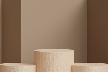 Beige podium mockup,Beige 3D cylindrical base, cream background.