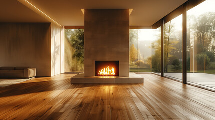 interiors of modern living room with fireplace