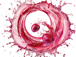 Abstract image of red liquid splashing with two red fruits in the center.  A vibrant and artistic representation of  freshness and energy.