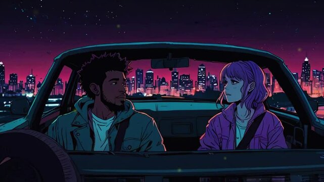 A couple drives through a city at night with the car windows down, enjoying the city lights and cool breeze. They listen to lo-fi music on the radio, sharing laughs and deep conversations, overlay